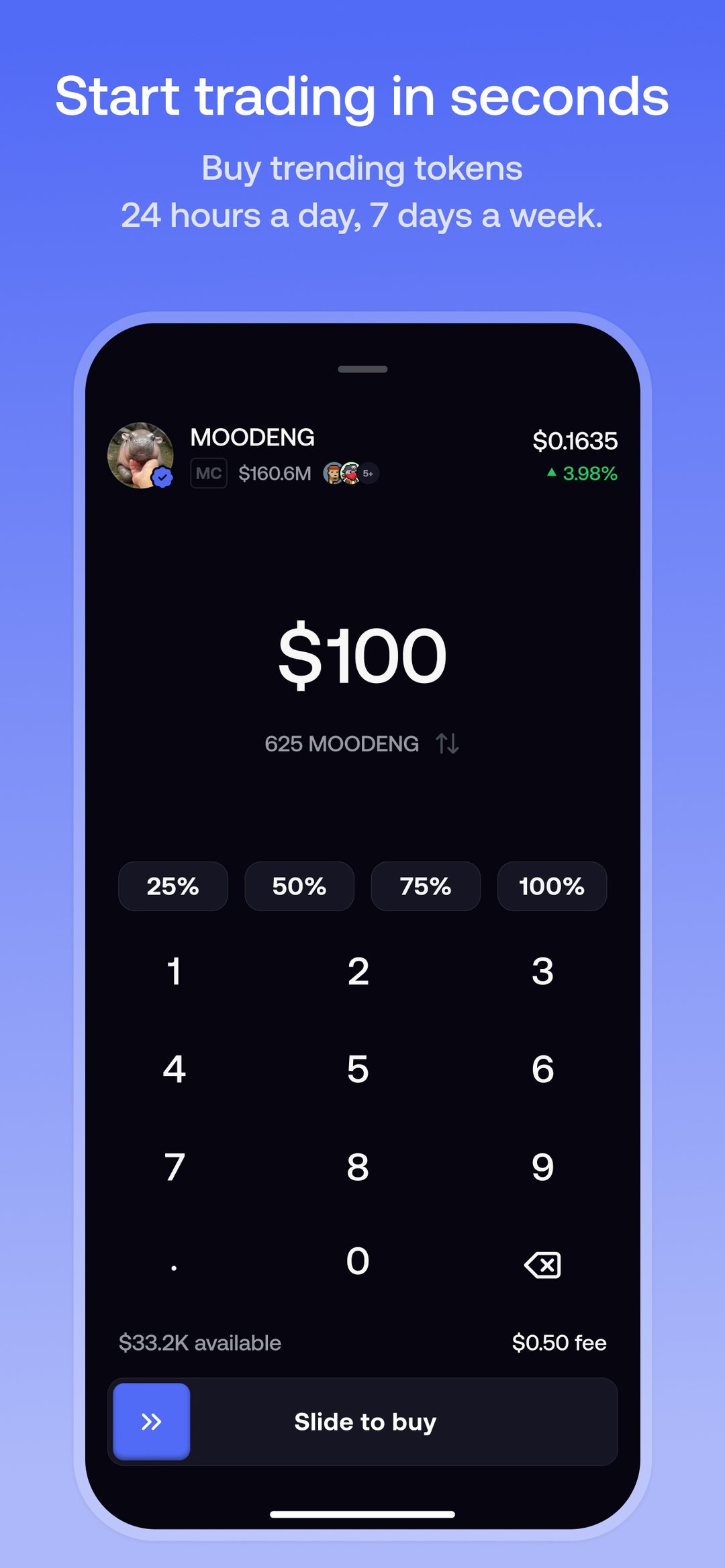 Buy screen with a $100 MOODENG order, percentage presets and slide to buy