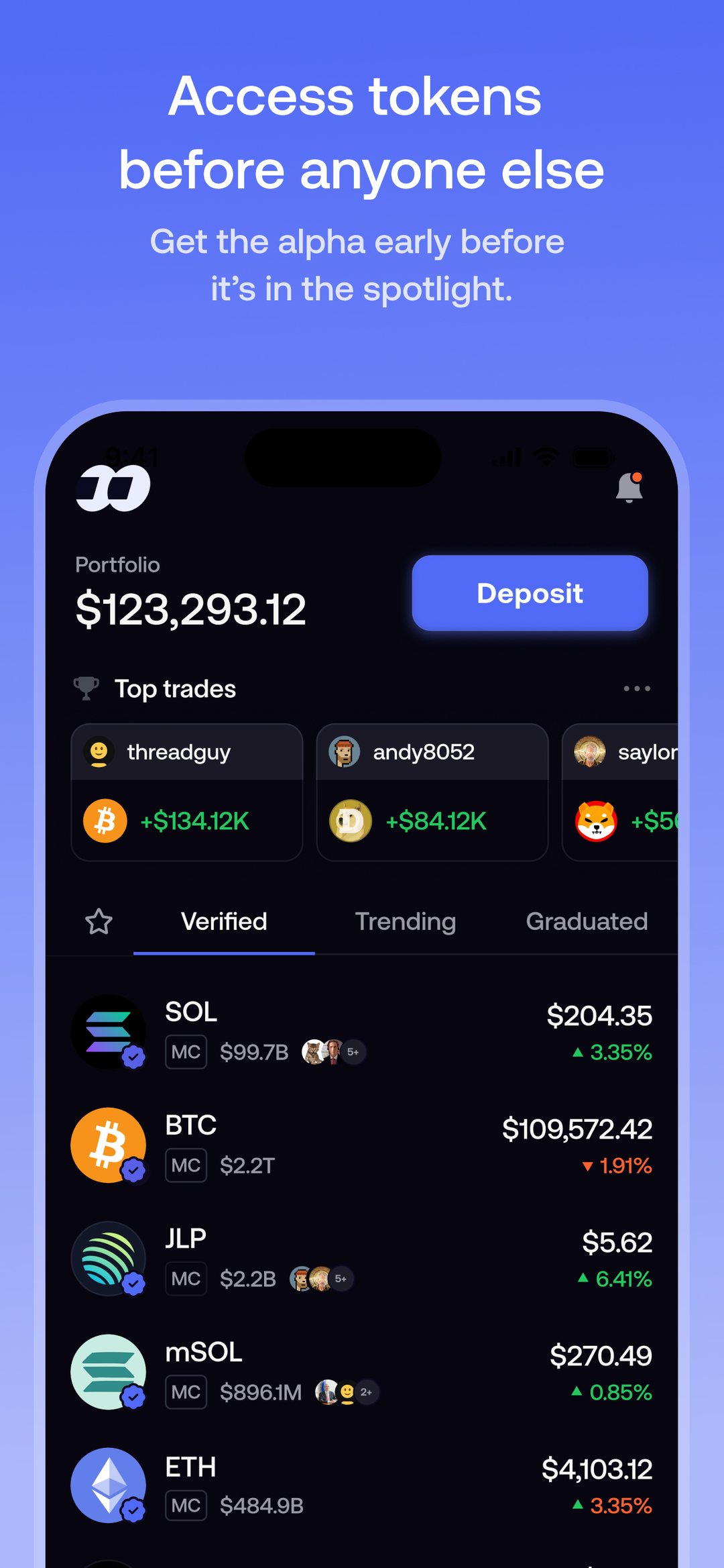 Home tab with portfolio balance, deposit button, top trades row and verified token list