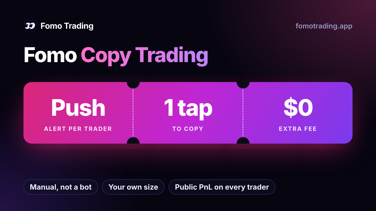 Fomo copy trading: a push alert for every trader you follow, one tap to copy at your own size, no extra fee