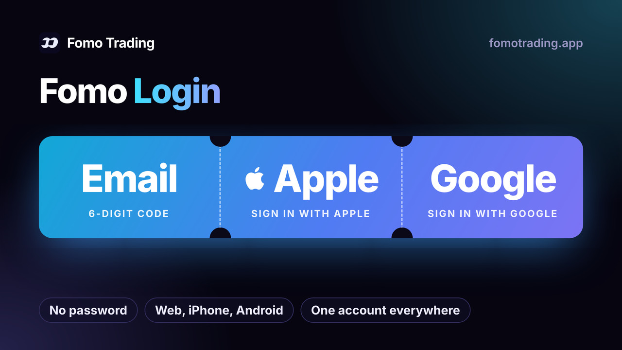 Fomo login: sign in with an email code, Apple or Google, no password, one account on web, iPhone and Android