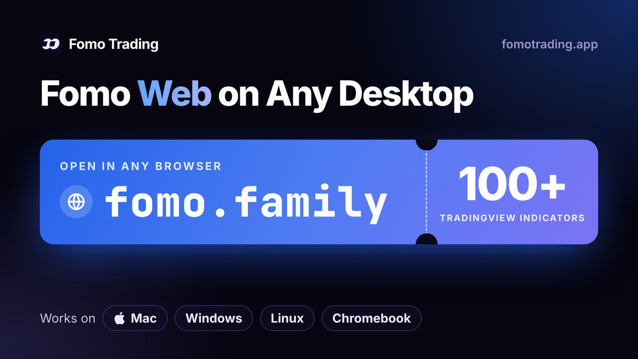 Fomo Web: the Fomo app at fomo.family in any desktop browser on Mac, Windows, Linux or Chromebook, with TradingView charts