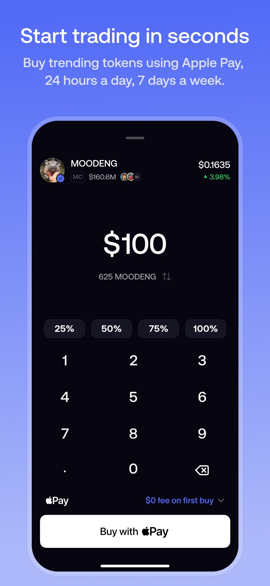 Buy screen with Apple Pay button and a $0 fee on first buy