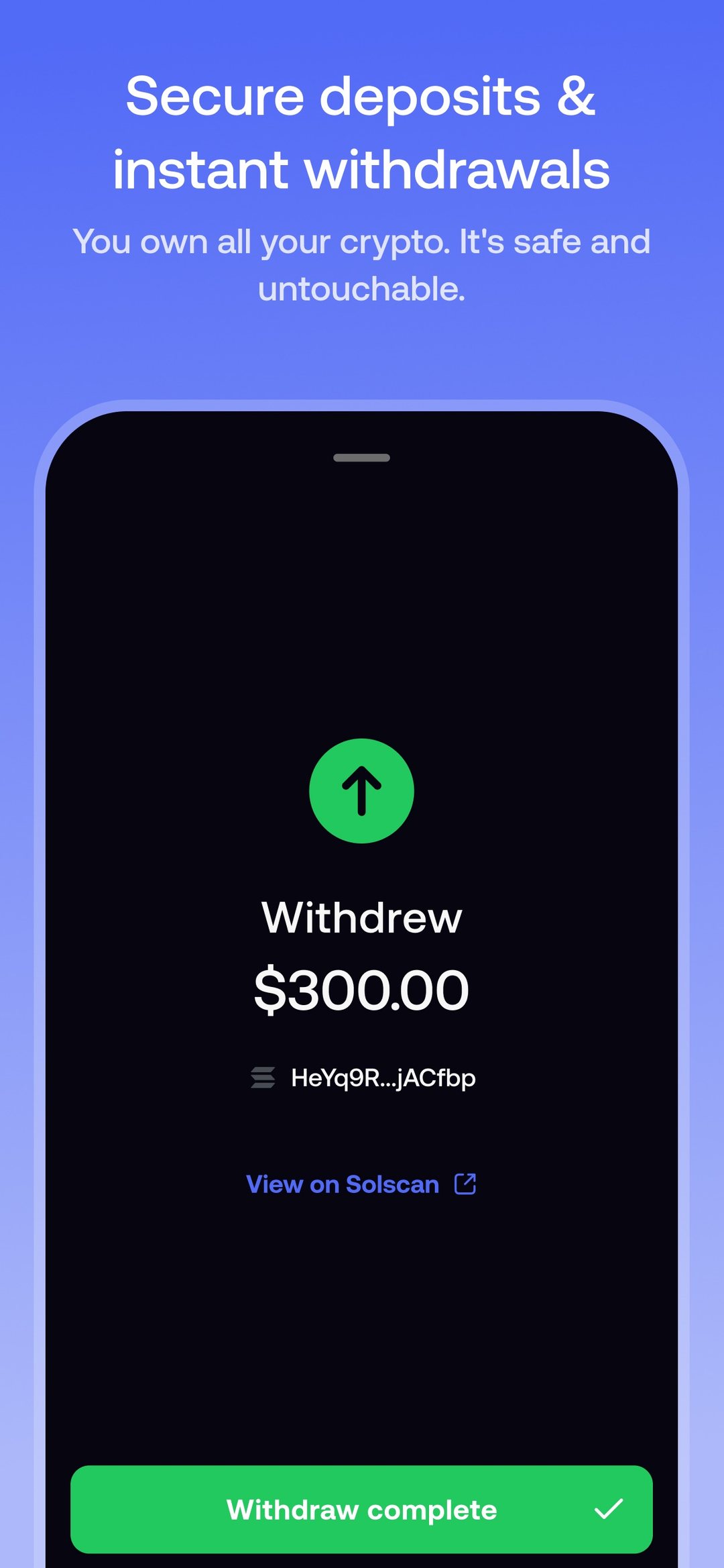 Withdrawal confirmation of $300 to a Solana address with a View on Solscan link